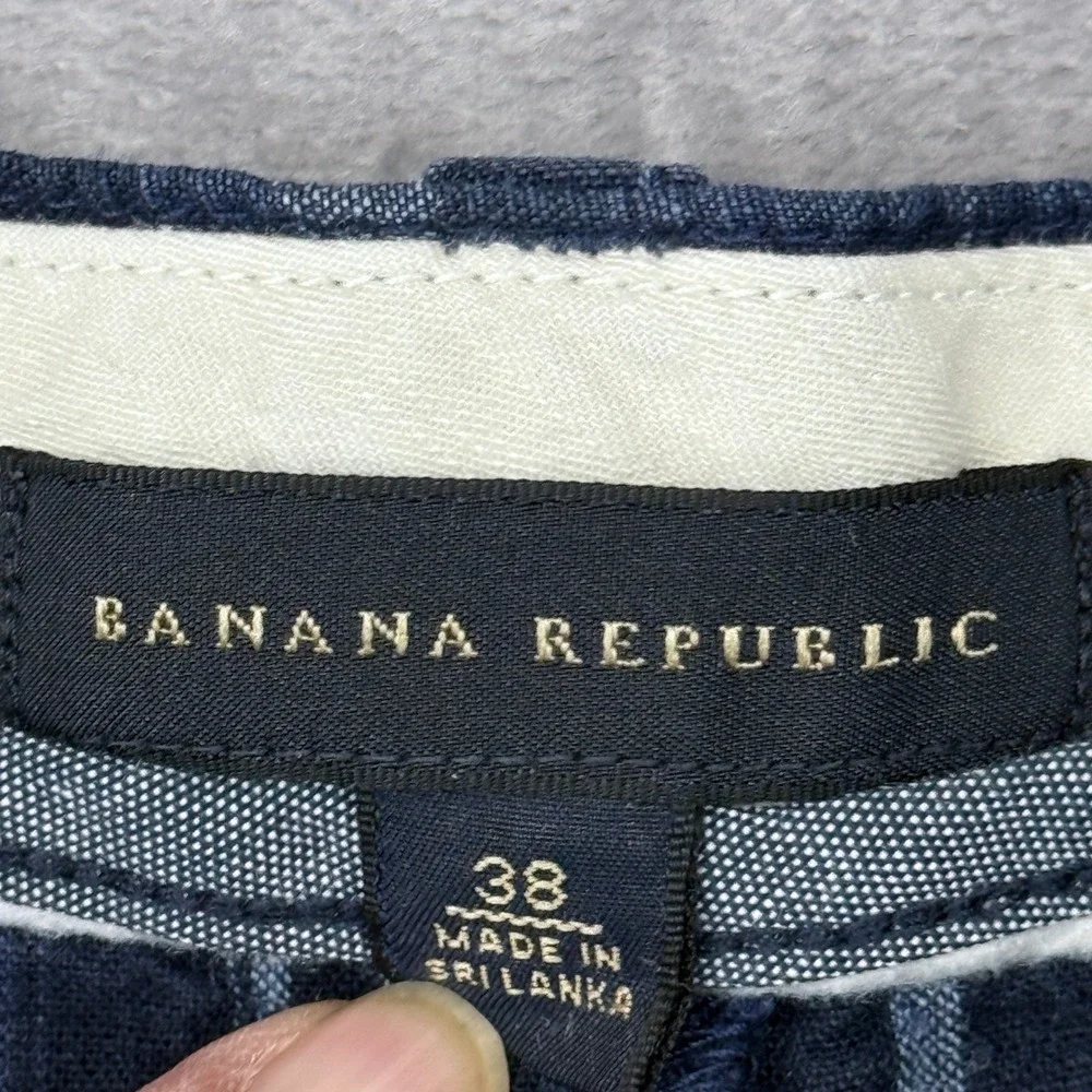 Banana Republic Shorts Mens 38 Plaid Navy Blue‎ Linen Cotton Blend Flat Front